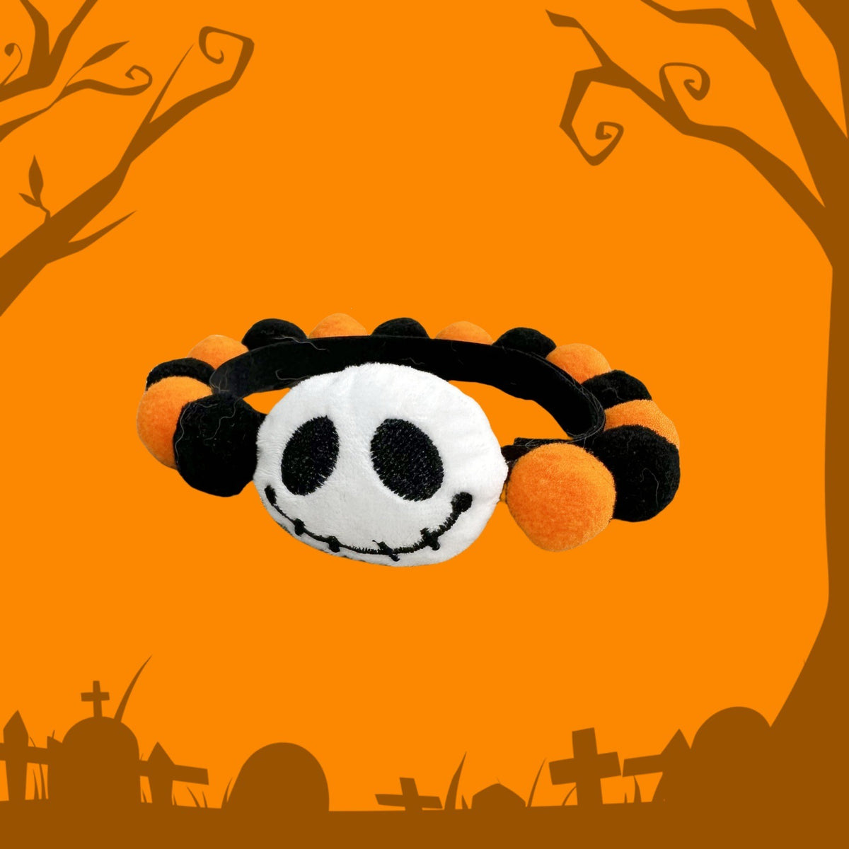 Halloween Pom-Pom Pet Collars & Hat Sets - 12 Black Skull / Collar Only