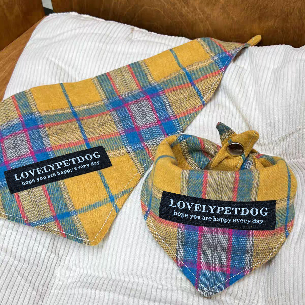 Pet Triangle Bandanas - Cat, Vintage & Plaid - Yellow Plaid