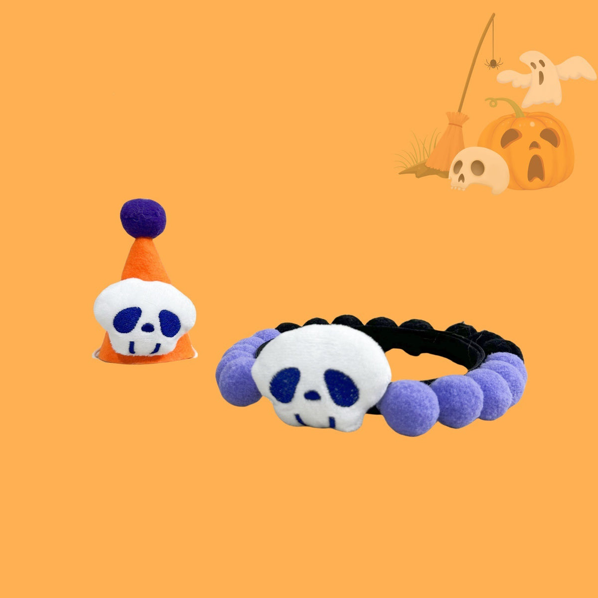 Halloween Pom-Pom Pet Collars & Hat Sets - 15 Blue Skull + Orange Hat