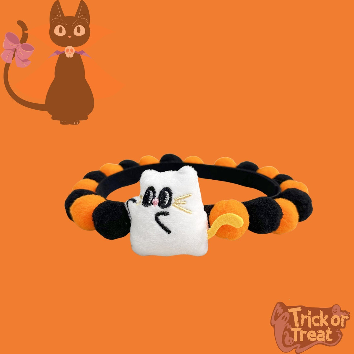 Halloween Pom-Pom Pet Collars & Hat Sets - 18 Ghost Cat / Collar Only