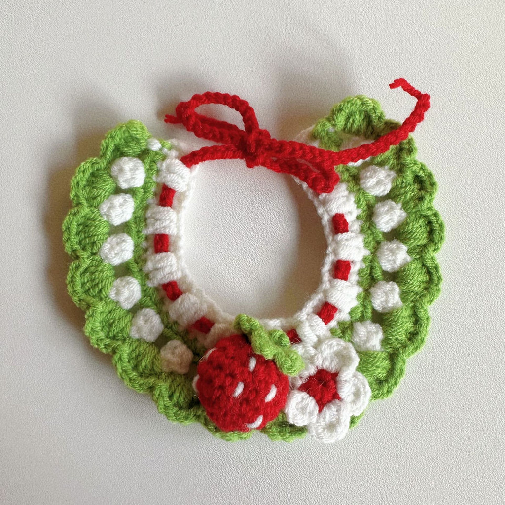 Knitted Pet Collars & Bibs for Cats and Dogs - Strawberry
