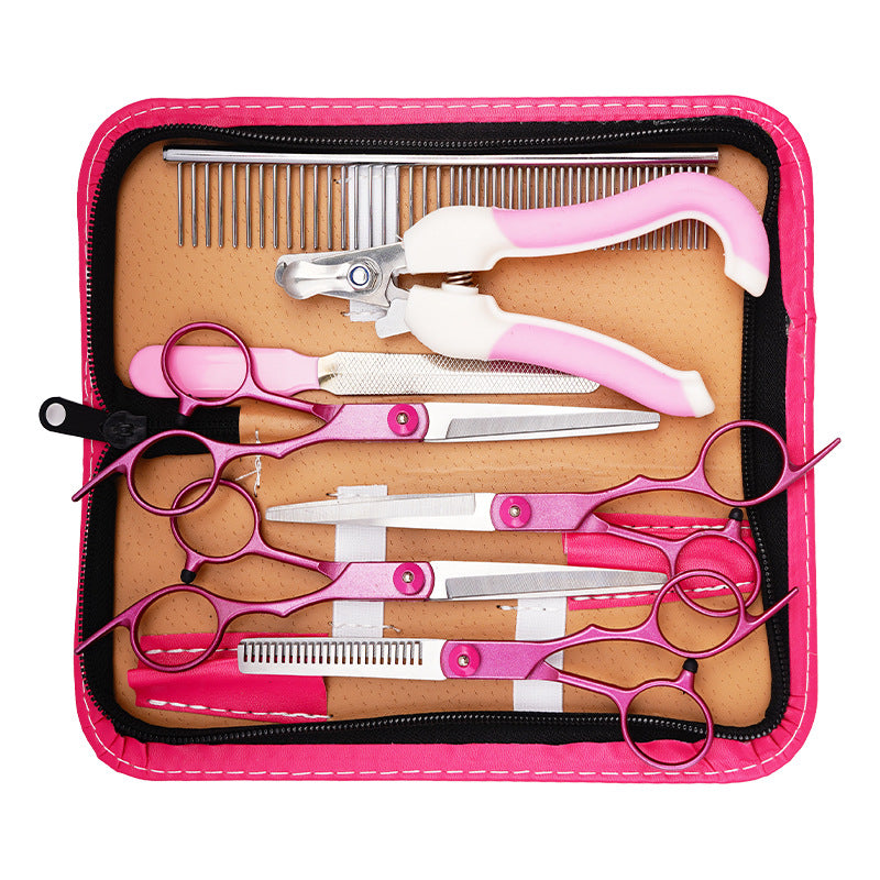 FT6 Rose Pink Pet Grooming Shears & Tool Sets - FT6 Angled Tang - Rose Pink-Straight Shears + Thinning Shears + Up-Curved Shears + Down-Curved Shears + Steel Comb + Pink Case + Nail Clipper