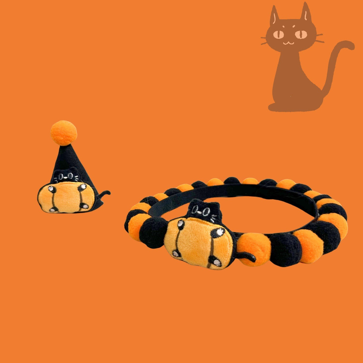 Halloween Pom-Pom Pet Collars & Hat Sets - 22 Pumpkin Cat + Hat