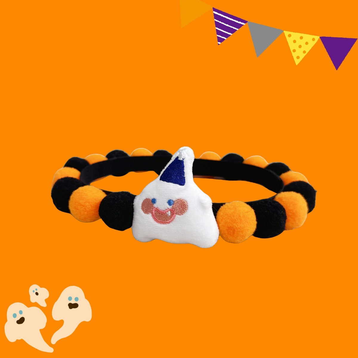 Halloween Pom-Pom Pet Collars & Hat Sets - 13 Happy Ghost - Orange-Black / Collar Only