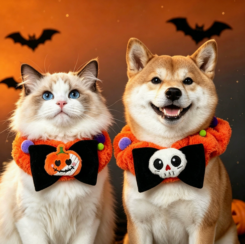 Festive Pumpkin & Ghost Halloween Pet Collar & Hat Costume Set