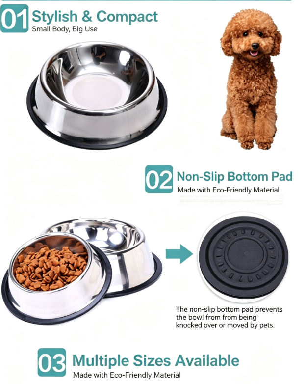 Non-Slip Heavy-Duty Stainless Steel Pet Food & Water Bowl