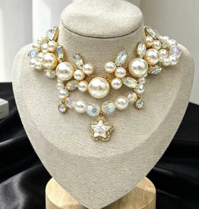 Victorian Royal Pearl & Crystal Crown Pet Choker Necklace