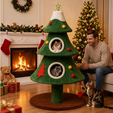 Festive Christmas Tree Cat Tree - Cozy Cat Condo & Sisal Scratching Post