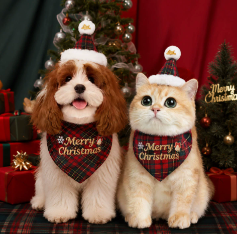Festive Plaid Christmas Pet Bandana & Santa Hat Set - Holiday Outfit for Dogs and Cats